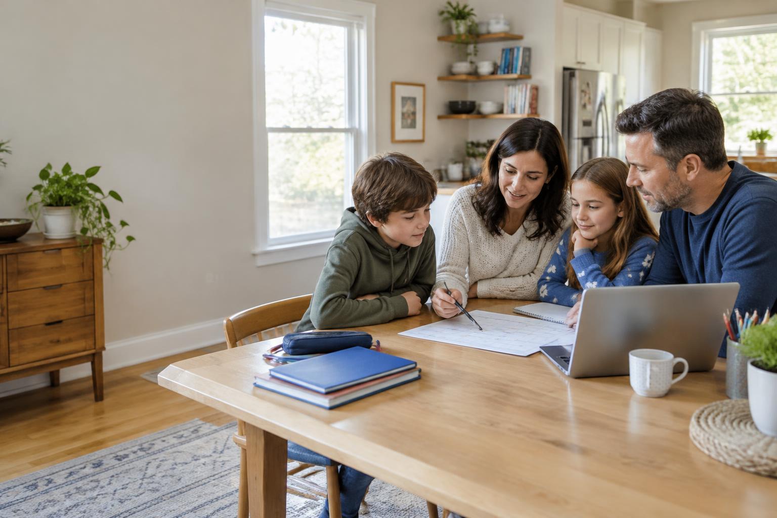 Parents and children planning their week together at the kitchen table