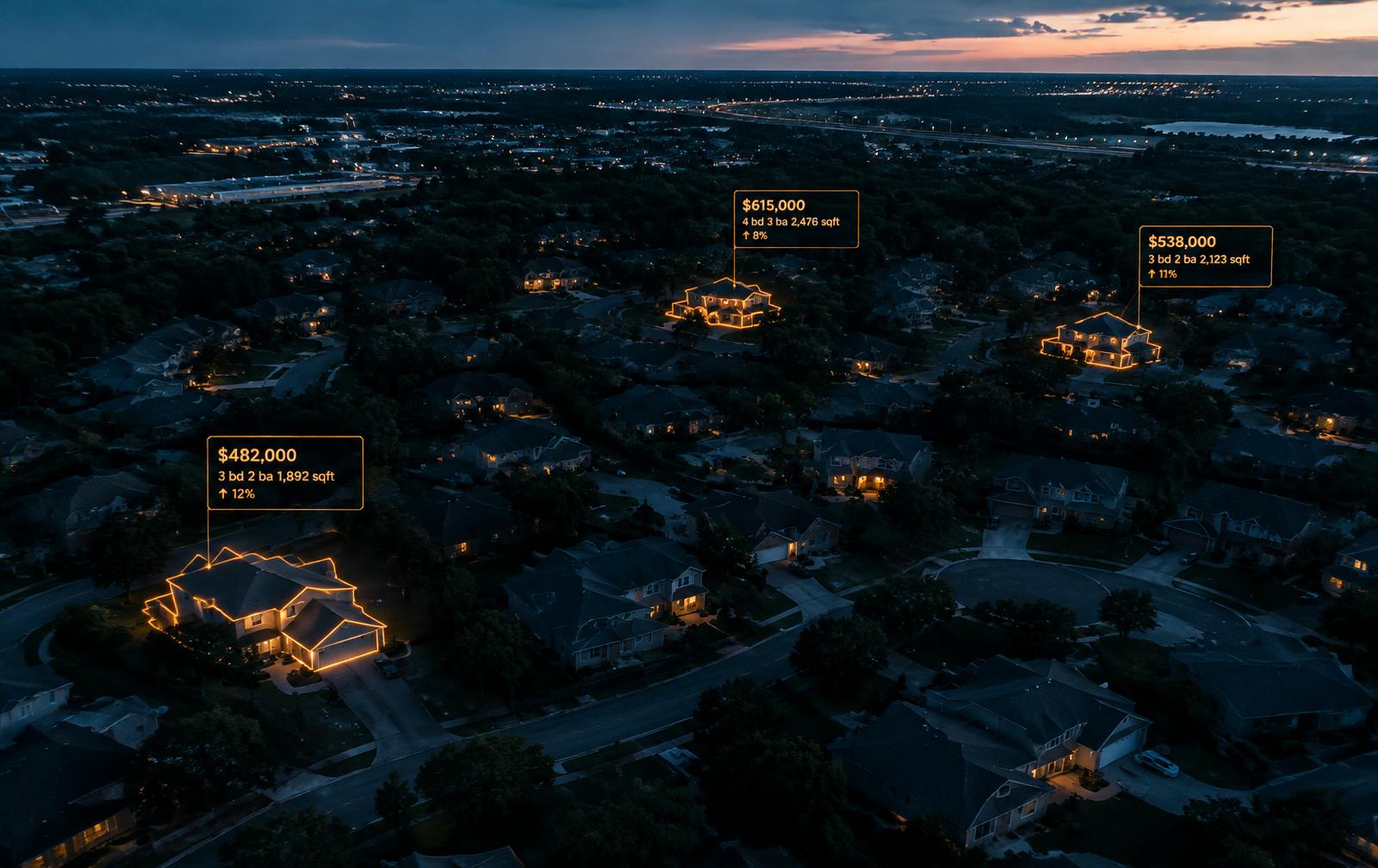 Aerial neighborhood with highlighted properties